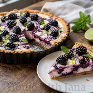 Blackberry mascarpone tart in a fluted tart pan with a golden buttery crust, creamy mascarpone filling swirled with blackberry-lime jam, topped with fresh blackberries, mint leaves, lime zest, and powdered sugar. A slice is served on a white plate, showing the creamy filling and jam swirls. Rustic wooden table with soft natural window light.