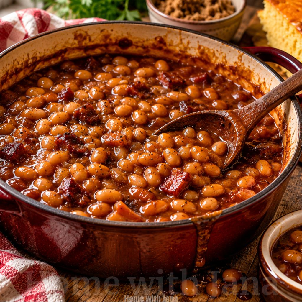 Rustic Dutch oven filled with homemade baked beans in a rich mahogany sauce, featuring tender navy beans and pieces of caramelized bacon. Served on a wooden farmhouse table beside a slice of golden cornbread, with soft morning window light, a red-and-white checkered towel, and a small bowl of brown sugar in the background.