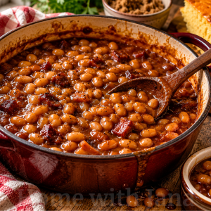 Rustic Dutch oven filled with homemade baked beans in a rich mahogany sauce, featuring tender navy beans and pieces of caramelized bacon. Served on a wooden farmhouse table beside a slice of golden cornbread, with soft morning window light, a red-and-white checkered towel, and a small bowl of brown sugar in the background.
