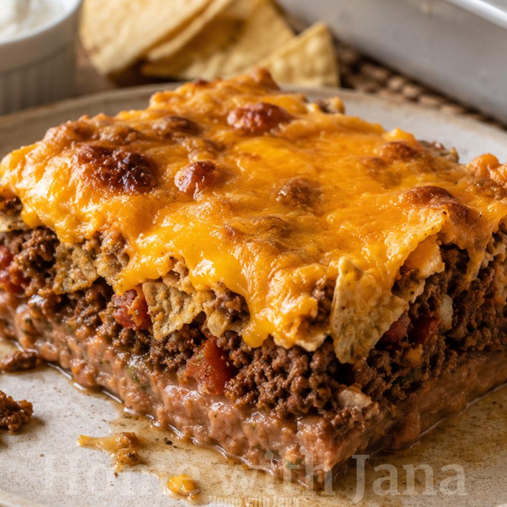 Close-up of a homemade taco casserole slice on a ceramic plate, layered with refried beans, seasoned ground beef, diced tomatoes, crushed tortilla chips, and melted cheddar cheese browned on top. The casserole is slightly messy with crispy chip pieces visible throughout and a small pool of juices on the plate. In the background are a 9x13 baking dish with remaining casserole, a ramekin of sour cream, tortilla chips, and a rustic wooden table, all softly blurred by shallow depth of field. Warm natural light highlights the cheesy texture and comforting homemade appearance.