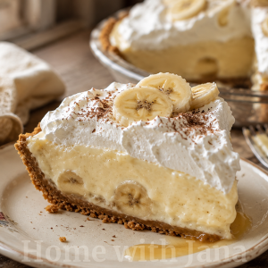 Slice of homemade banana cream pie with a buttery graham cracker crust, creamy vanilla custard filling, fresh banana slices, and a generous layer of whipped cream on a vintage plate.