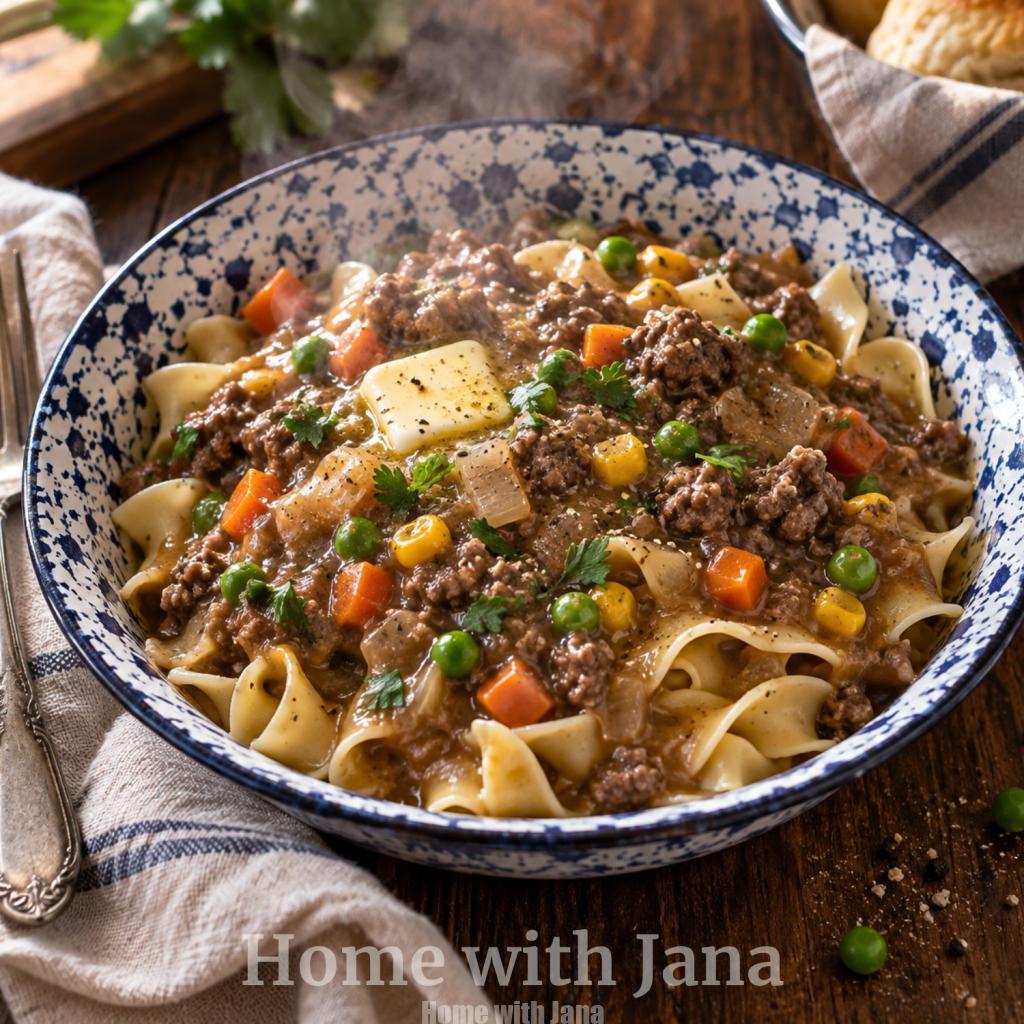 Hamburger gravy over egg noodles with ground beef, peas, carrots, corn and homemade brown gravy.