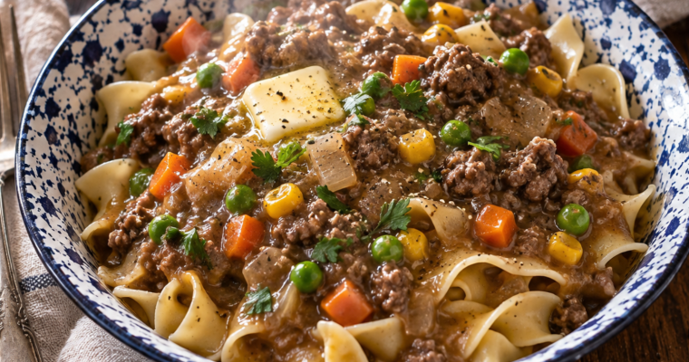 Hamburger Gravy Over Egg Noodles with Vegetables