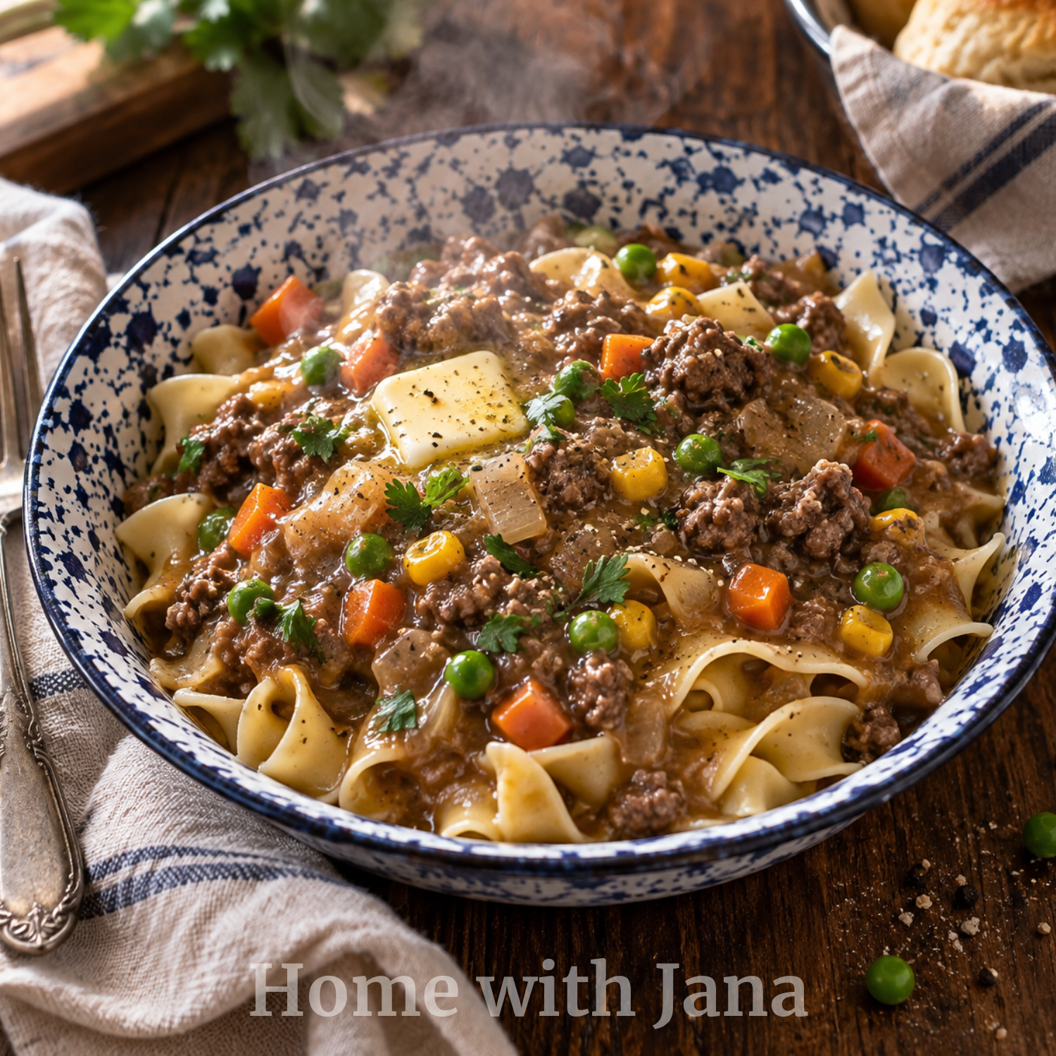 Hamburger Gravy Over Egg Noodles with Vegetables