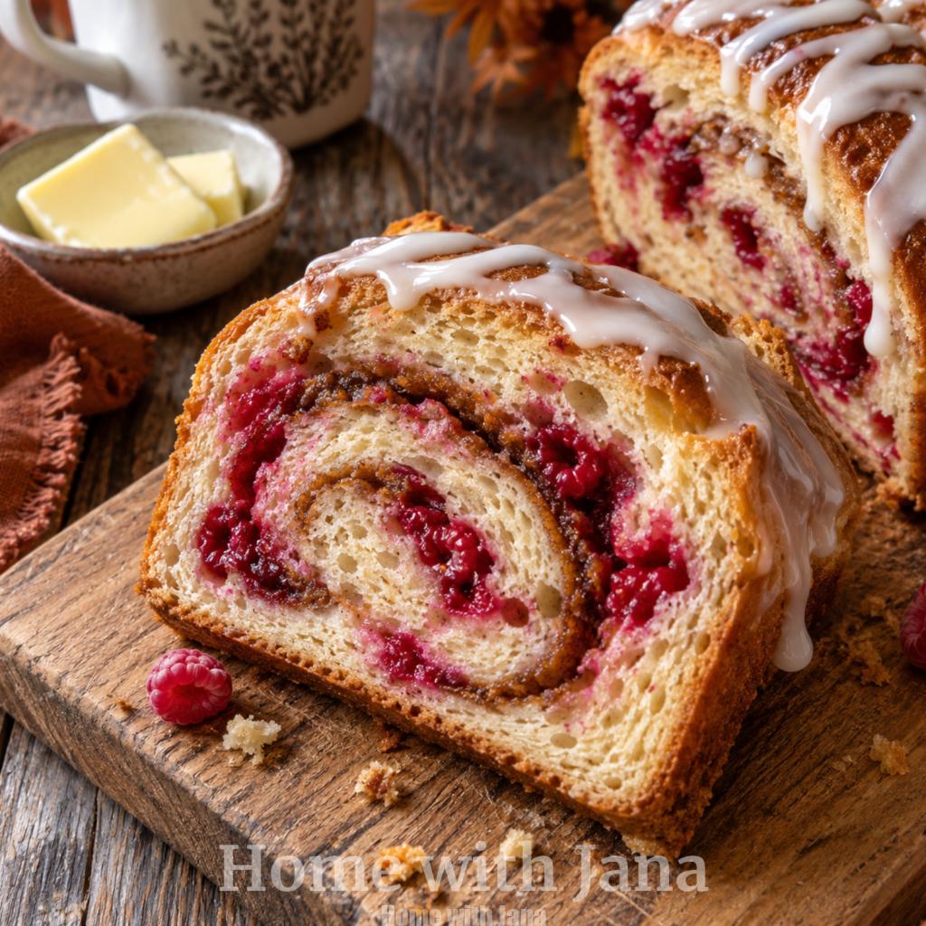 Slice of homemade raspberry pumpkin spice swirl bread with brown sugar spice filling, fresh raspberry swirls, and vanilla glaze.
