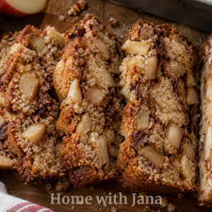 Sliced homemade apple cinnamon bread with tender apple chunks, cinnamon sugar swirls, and a golden brown crust on a rustic wooden board.