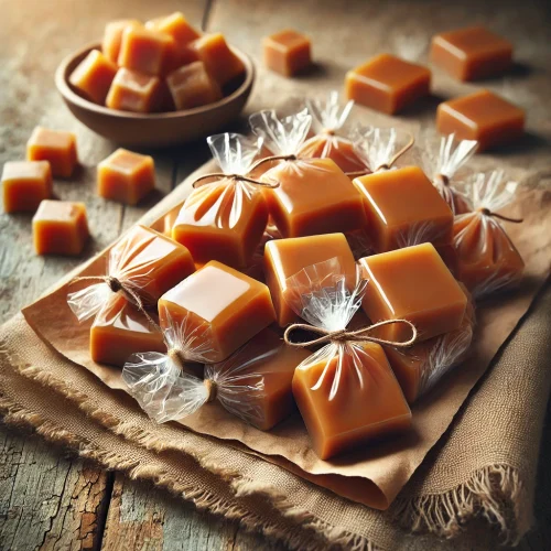 Creamy homemade caramel pieces cut into bite size squares and wrapped in clear cellophane wrappers.