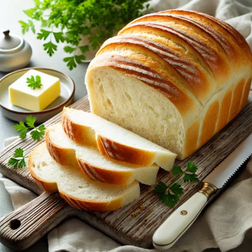 Golden homemade white bread loaf with soft, fluffy slices fanned out on a rustic wooden cutting board, next to a small dish of butter and a butter knife.